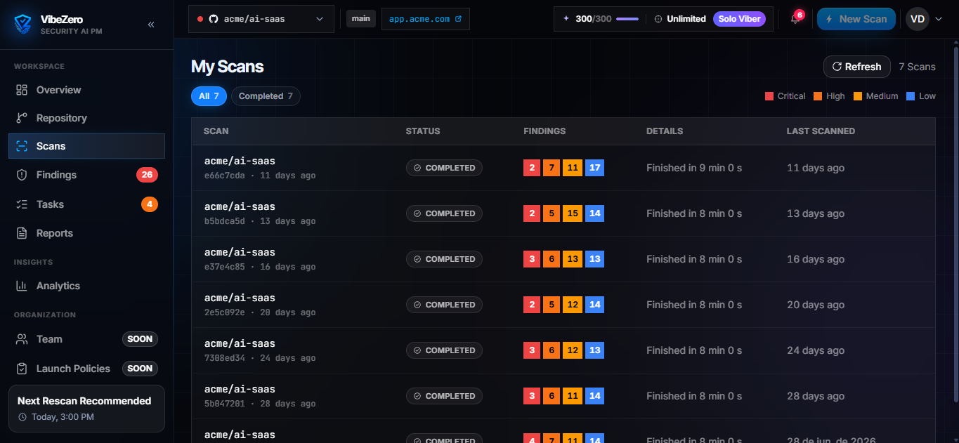 VibeZero scans board listing repositories with severity roll-ups and live pipeline status