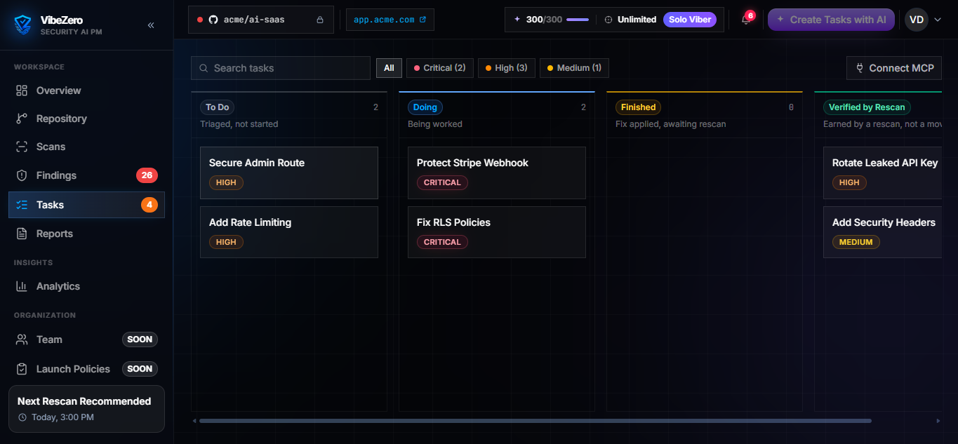 VibeZero tasks Kanban board with To Do, Doing, Finished and Verified by Rescan columns